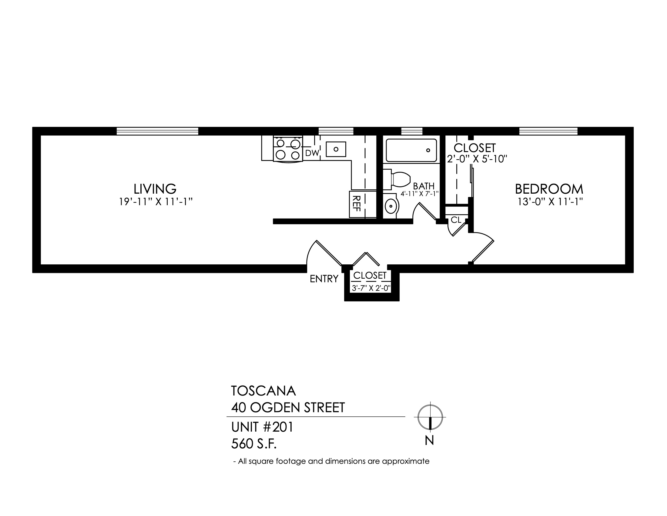 Floor plan for 1 bed, 1 bath, 470 sqft
